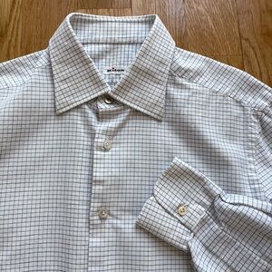 Kiton Made in Italy White Cotton Blue Windowpane Check Dress Shirt 17 43 34/35